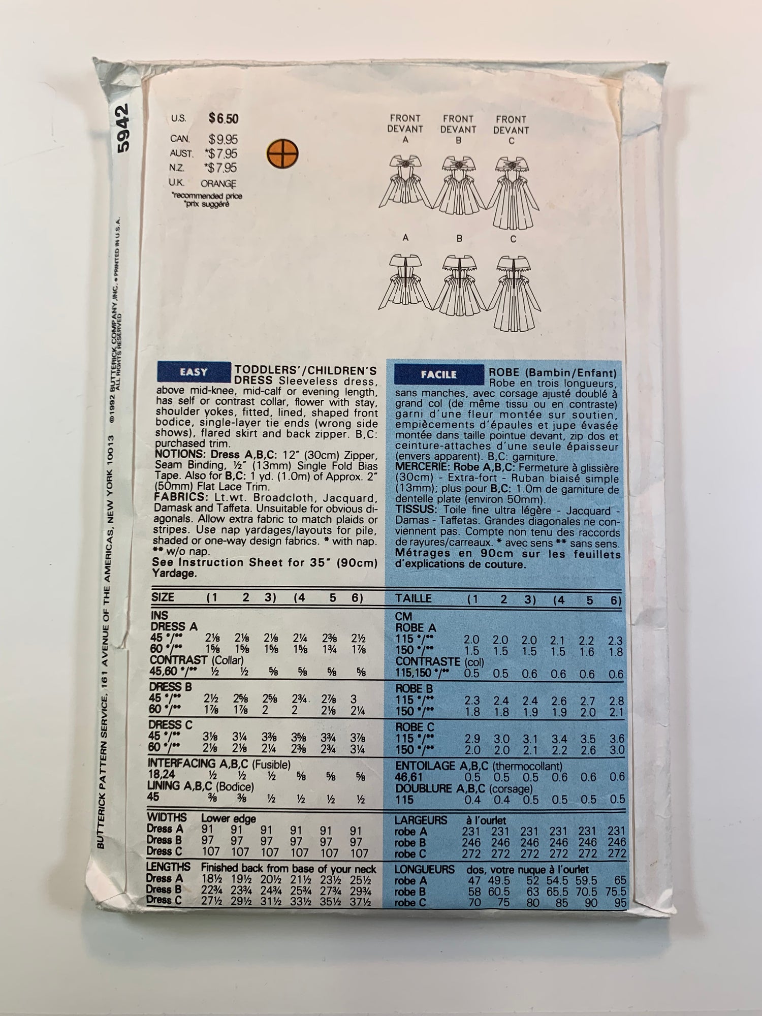 Butterick 5942 Girls' Dress, Size 4-6, Uncut, Vintage 1992