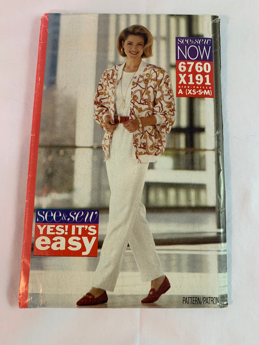 Butterick Sewing Pattern See & Sew 6760 Misses' Jacket, Tapered Pants, Loose-Fitting, Zipper Front, Shoulder Pads, Pockets, Size 6-14, Uncut, Vintage 1993