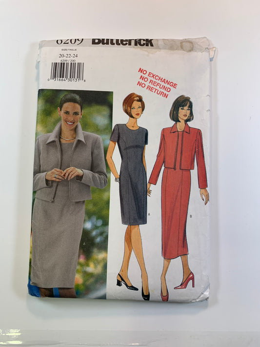 Butterick 6209 Misses' Petite Jacket, Dress, Size 20-24, Cut, Vintage 1998