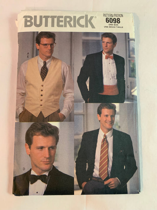 Butterick Sewing Pattern 6098 Men's Fashion Accessories, Tie, Cummerbund, Bow Tie, Vest, , Size 42-48, Cut, Vintage 1989