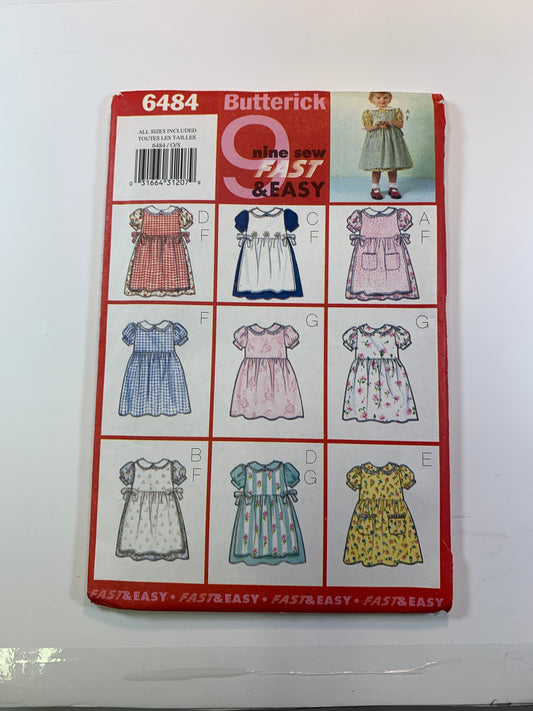 Butterick 6484 Girls' Dress, Pinafore, Size 1-4, Uncut, 2000