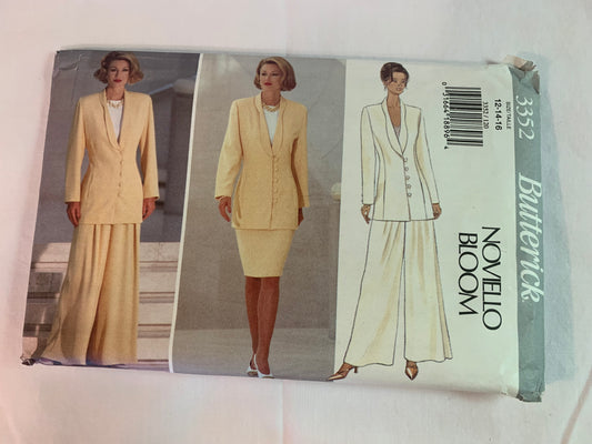 Butterick Sewing Pattern Noviello Bloom 3352 Misses' Jacket, Top, Skirt, Pants, Semi Fitted, Long Sleeves, Sleeveless, Shoulder Pads, Size 12-16, Uncut, Vintage 1994