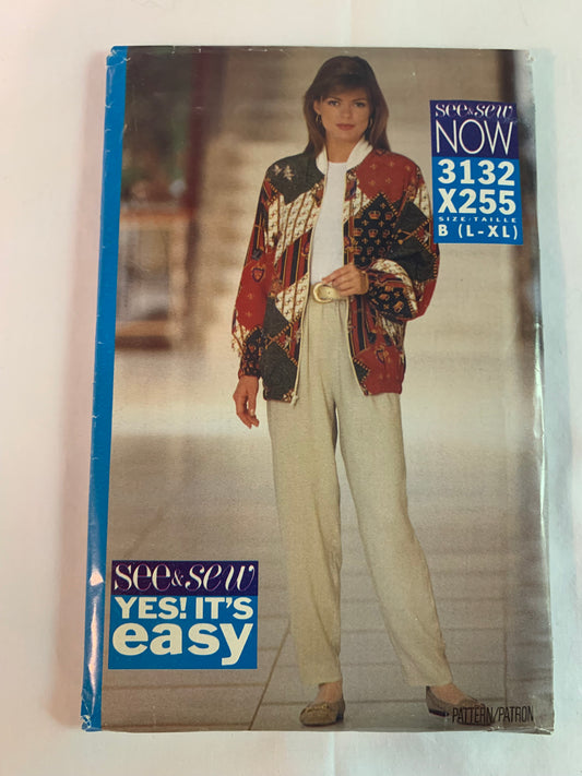 Butterick Sewing Pattern See & Sew 3132 Misses' Jacket, Tapered Pants, Loose-Fitting, Zipper Front, Long Sleeves, Elastic Waist, Shoulder Pads, Size 16-22, Uncut, Vintage 1995