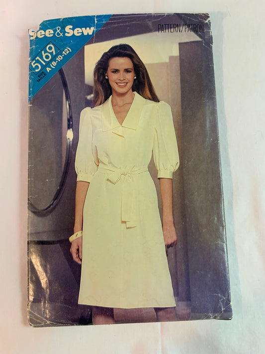 Butterick Sewing Pattern See & Sew 5169 Misses' Dress, Loose-Fitting, Below Mid-Knee, Tie Belt, Short Sleeves, Size 8-12, Uncut, Vintage 1996
