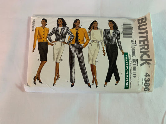 Butterick Sewing Pattern 4386 Misses'/Misses' Petite Unlined Jacket, Top, Skirt & Pants, Collar, Zipper, Front Button, Loose-Fitting, Size 12-16, Uncut, Vintage 1989