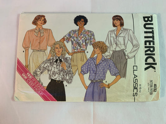 Butterick Sewing Pattern 4032 Misses' Blouse, Loose-Fitting, Collar, Shoulder Pads, Long/Short Sleeves, Button Front, Size 8-12, Uncut, Vintage 1986