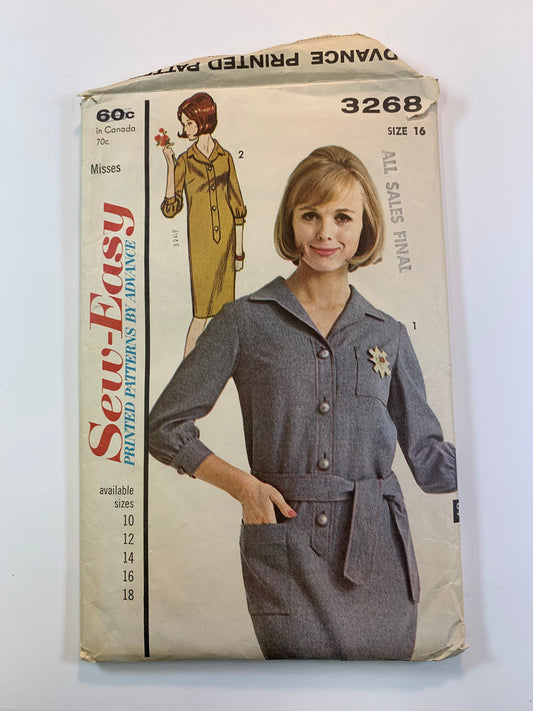 Advance Sew Easy 3268 Misses' Dress, Size 16. Cut, 1960
