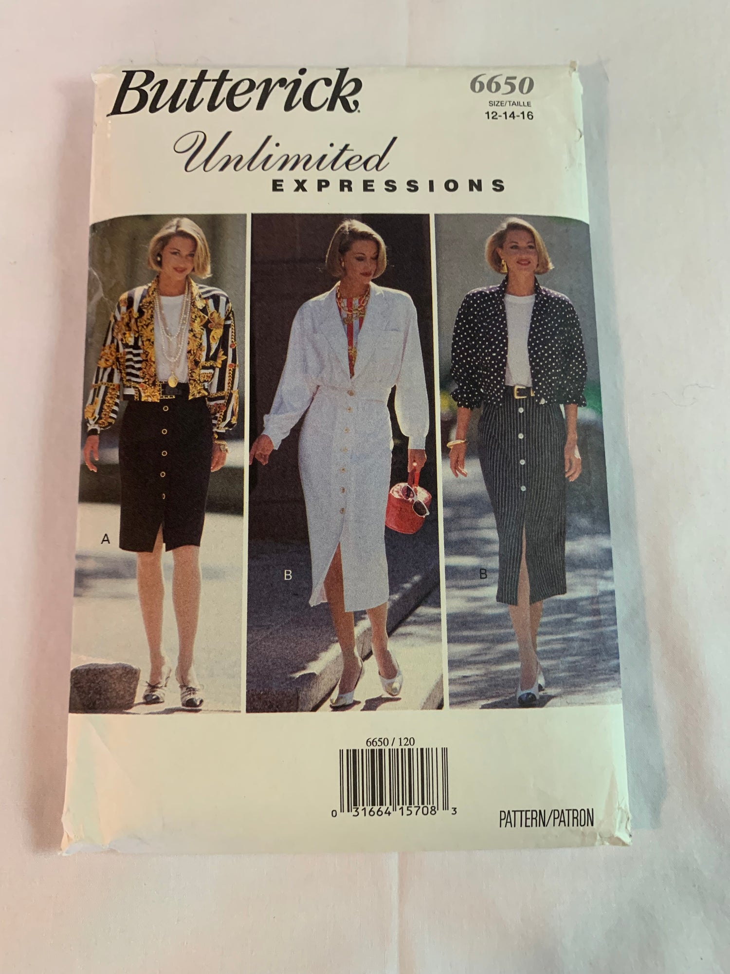 Butterick Sewing Pattern 6650 Misses' Jacket, Top, Skirt, Loose-Fitting, Shoulder Pads, Pullover, Long/Short Sleeves, Size 12-16, Uncut, Vintage 1993