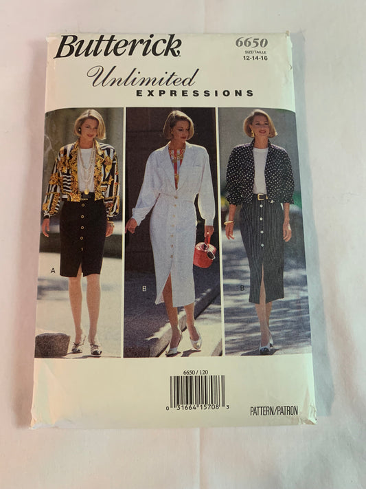 Butterick Sewing Pattern 6650 Misses' Jacket, Top, Skirt, Loose-Fitting, Shoulder Pads, Pullover, Long/Short Sleeves, Size 12-16, Uncut, Vintage 1993