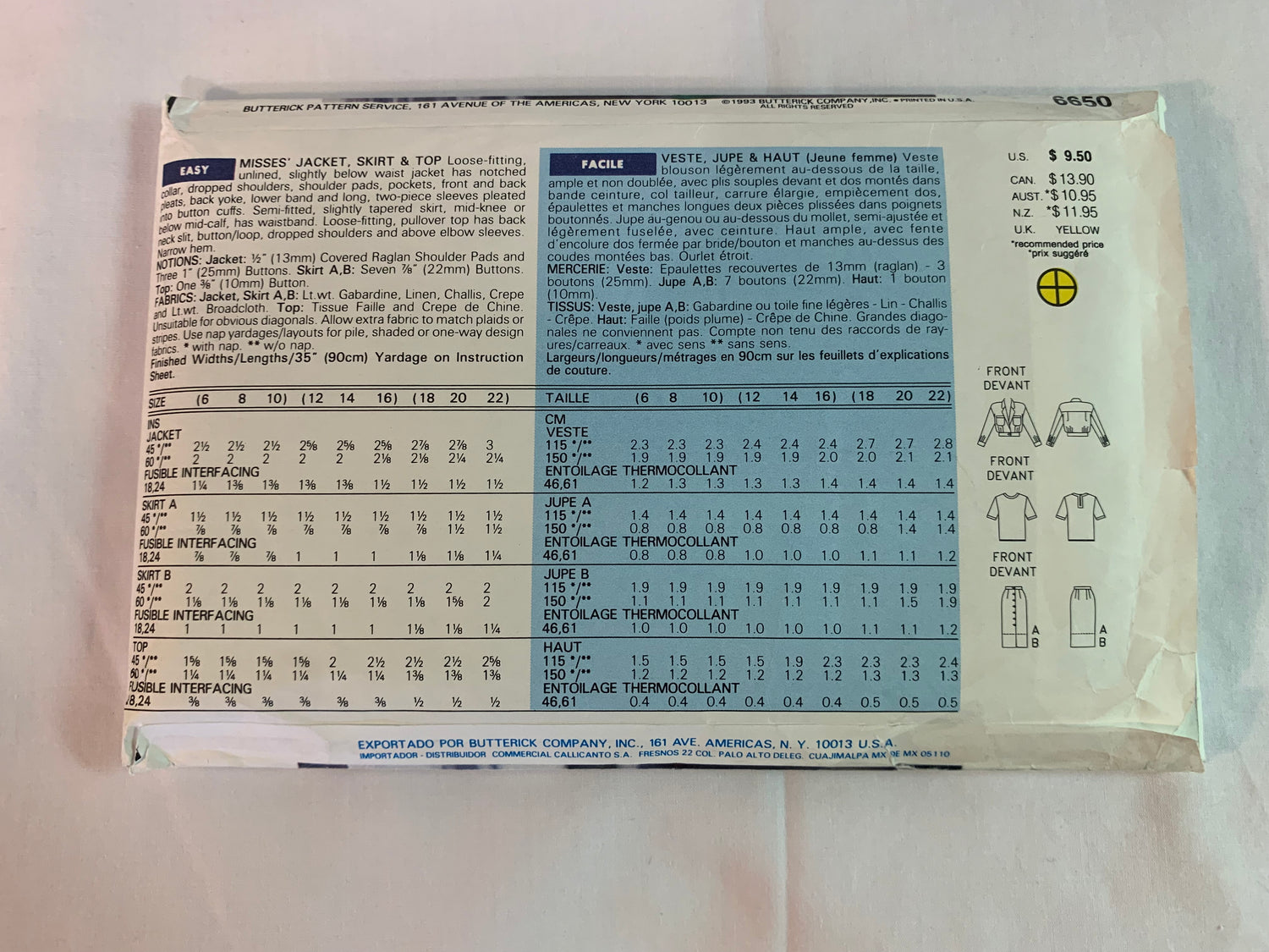 Butterick Sewing Pattern 6650 Misses' Jacket, Top, Skirt, Loose-Fitting, Shoulder Pads, Pullover, Long/Short Sleeves, Size 12-16, Uncut, Vintage 1993