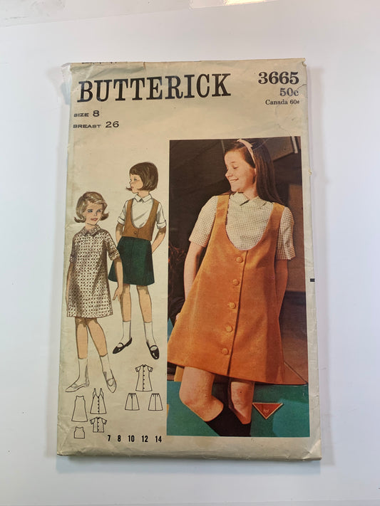 Butterick Sewing Pattern 3665 Girls' Dress, Jumper, Blouse, Weskit, Skirt, Button Back, Collar, Short Sleeves, Size 8, Cut, Vintage 1960