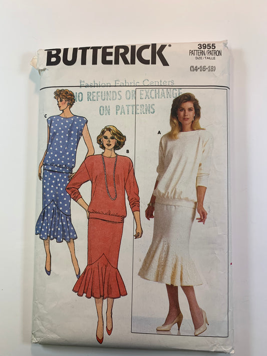 Butterick 3955 Misses' Top & Skirt, Size 14-16, Cut, Vintage 1986