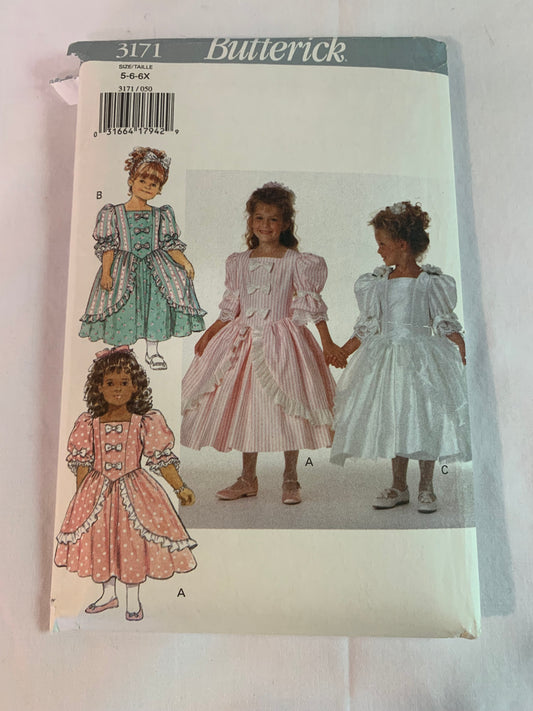 Butterick Sewing Pattern 3171 Children's/Girls' Dress, Below Knee Lengths, Fitted, Dropped Waist, Elbow Sleeves, Flared Overskirt, Ruffles, Size 5-6X, Uncut, Vintage 1993