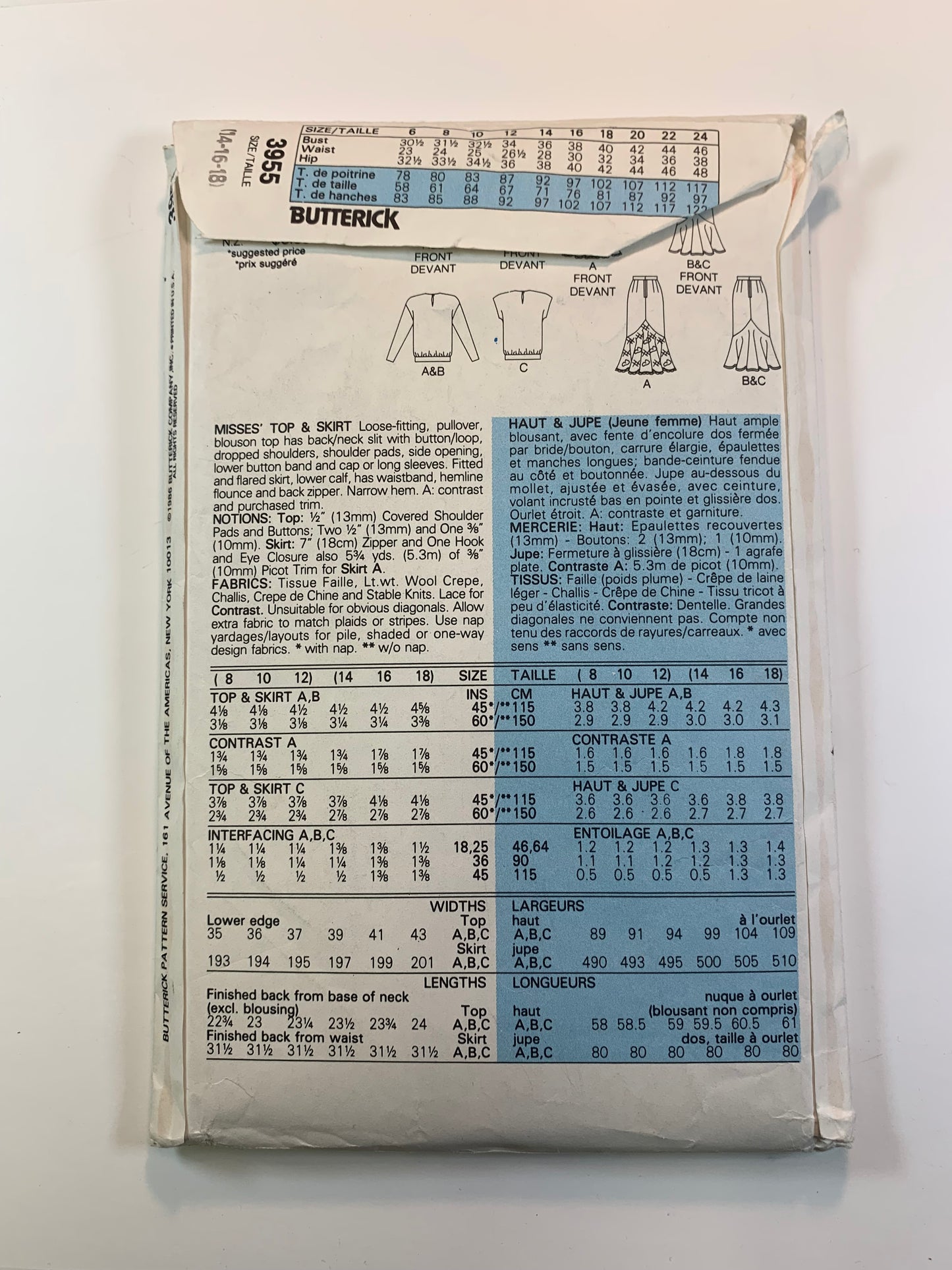 Butterick 3955 Misses' Top & Skirt, Size 14-16, Cut, Vintage 1986