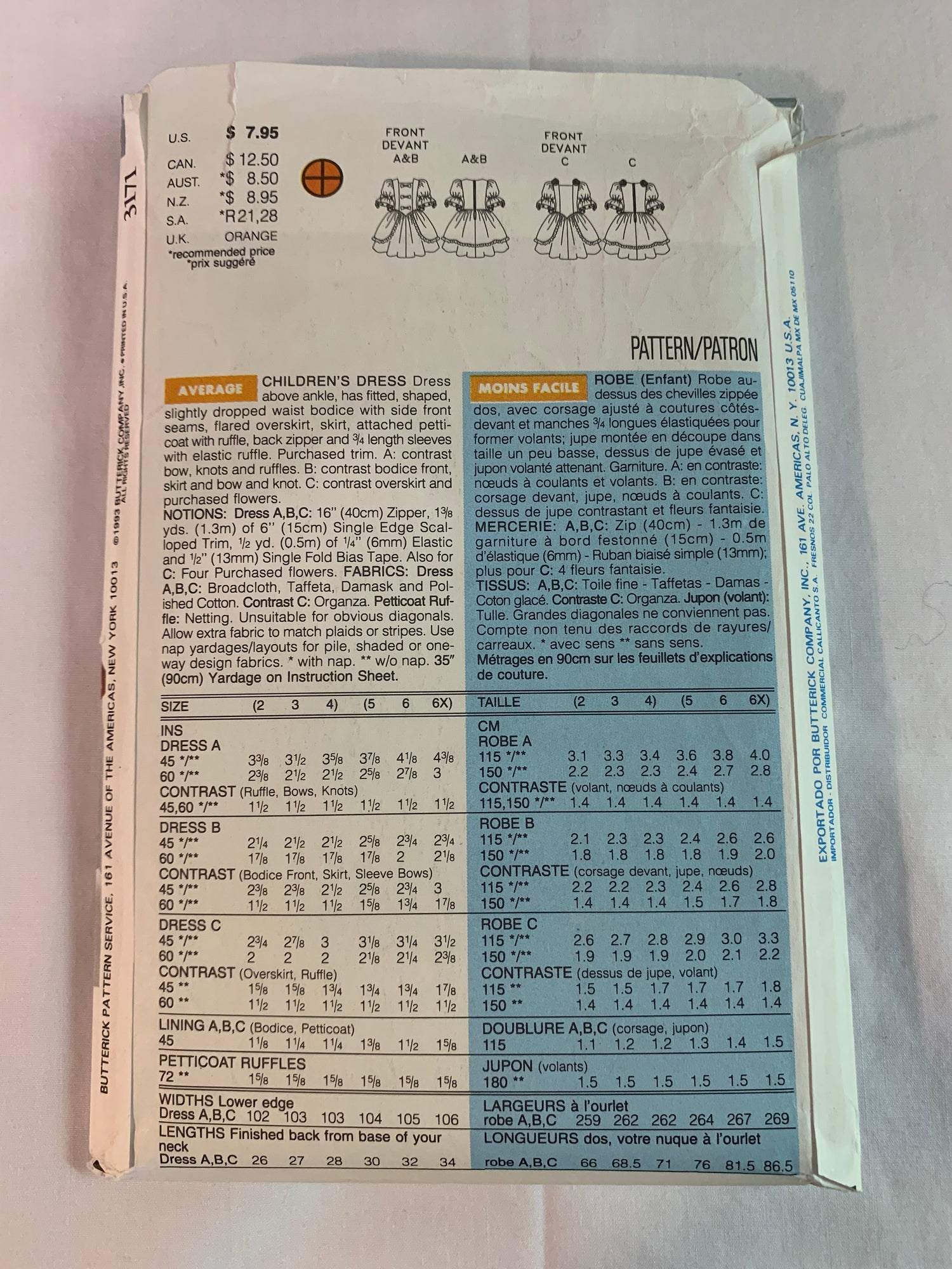 Butterick Sewing Pattern 3171 Children's/Girls' Dress, Below Knee Lengths, Fitted, Dropped Waist, Elbow Sleeves, Flared Overskirt, Ruffles, Size 5-6X, Uncut, Vintage 1993