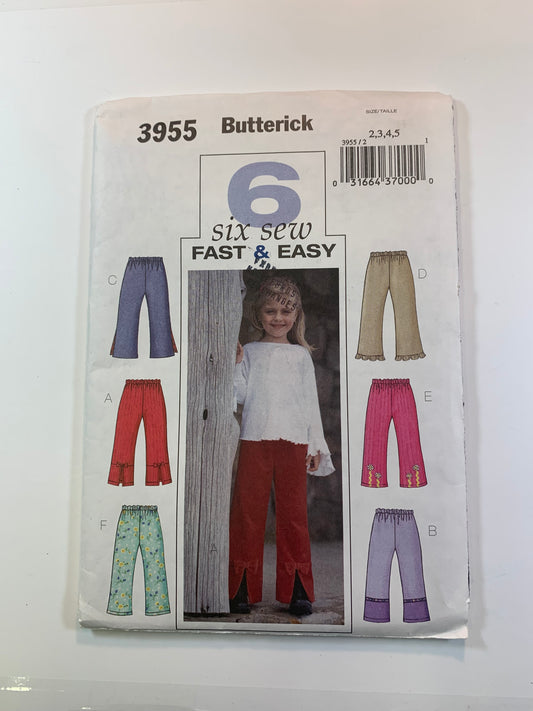 Butterick Sewing Pattern 3955 Girls' Pants,Elastic Waist, Slits, Bow, 6 Variations, Pull-On, Size 2-5, Cut, 2003