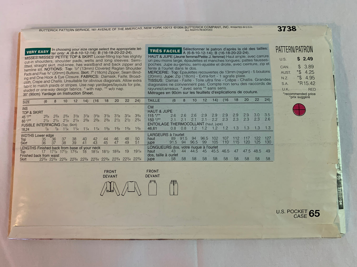 Butterick Sewing Pattern 3738 Misses' Jacket, Top, Skirt, Loose Fitted, Long Sleeves, Shoulder Pads, Zipper Back, Size 6-14, Uncut, Vintage 1994