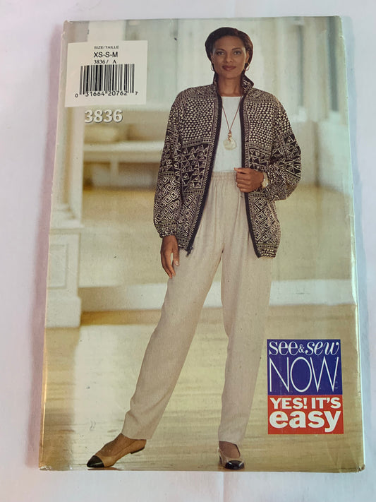 Butterick Sewing Pattern 3836 Misses' Jacket, Pants, Loose-Fitting, Pockets, Collar, Tapered, Zipper Front, Size 6-148, Uncut, Vintage 1994