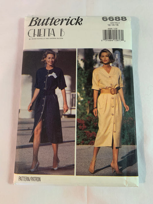 Butterick Sewing Pattern 6688 Misses' Dress, Button Front, Belt, Shoulder Pads, Short Sleeves, Pocket, Pleats, Size 12-16, Vintage 1983