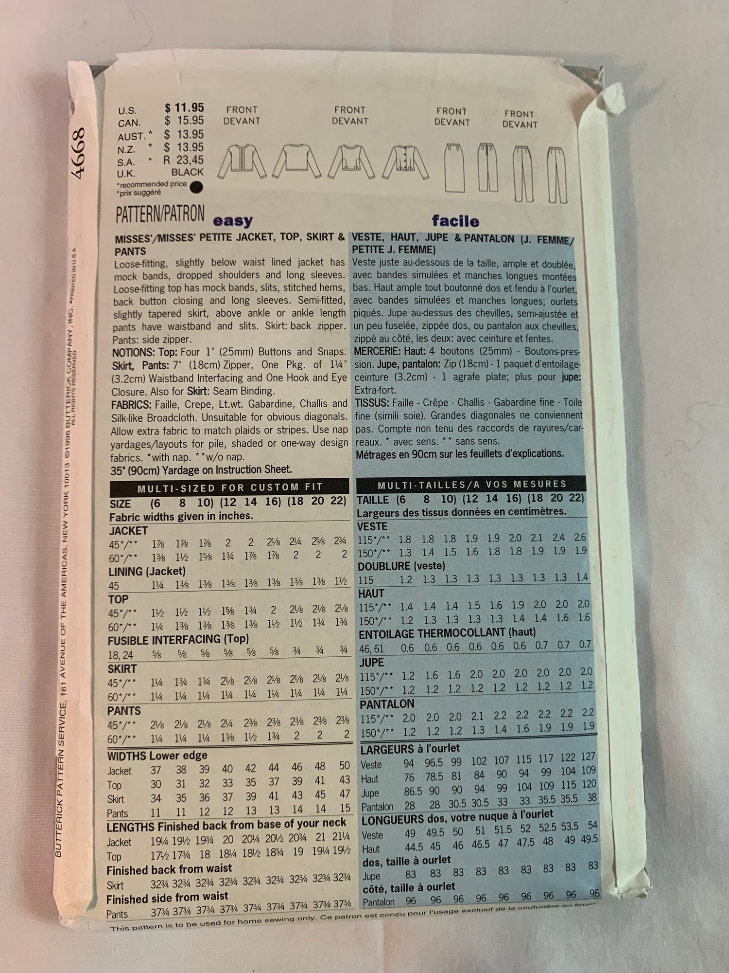 Butterick Sewing Pattern 4668 Misses'Misses' Petite Top, Jacket, Skirts, Zipper Pants, Loose-Fitting Long Sleeves, Button Back, Size 6-10, Uncut, Vintage 1996