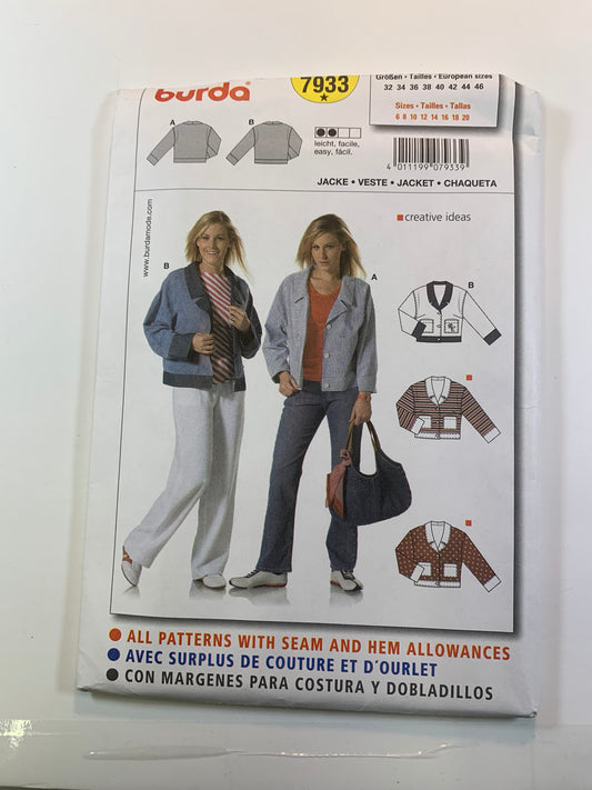 Burda Sewing Pattern 7933 Misses' Jacket, Button Front, Loose-Fitting, Long Sleeves, Pockets, Collar, Size 6-20, Uncut, 2014