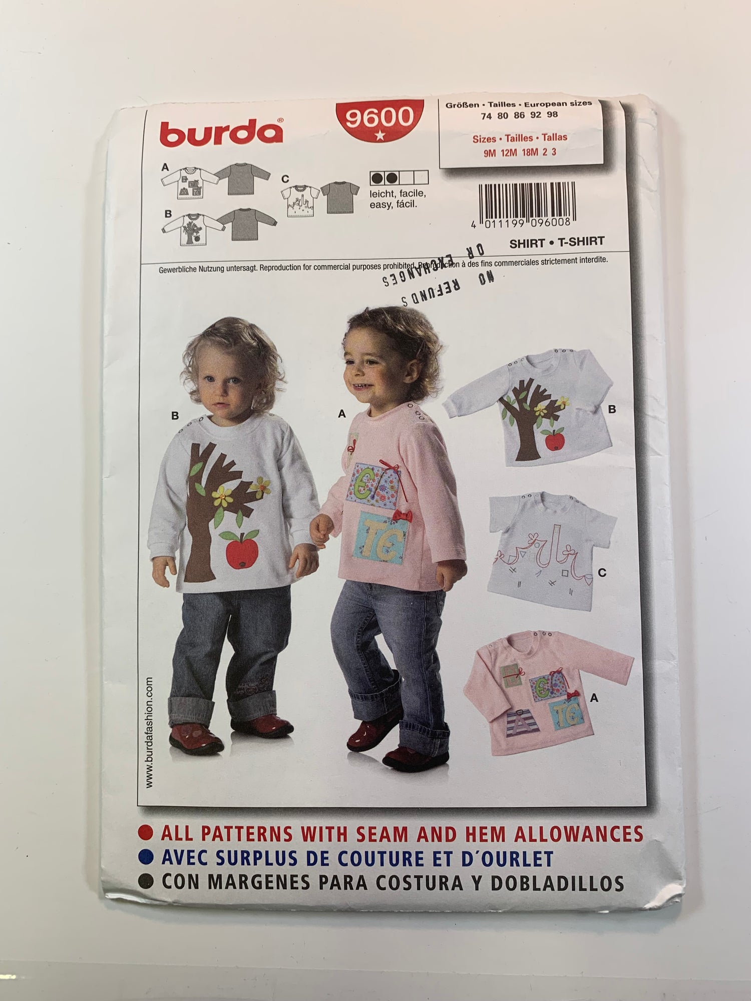 Burda Sewing Pattern 9600 Girls' T-Shirt, Long/Short Sleeves, Button Shoulder, 3 Variations, Size 9M-3, Uncut, 2012
