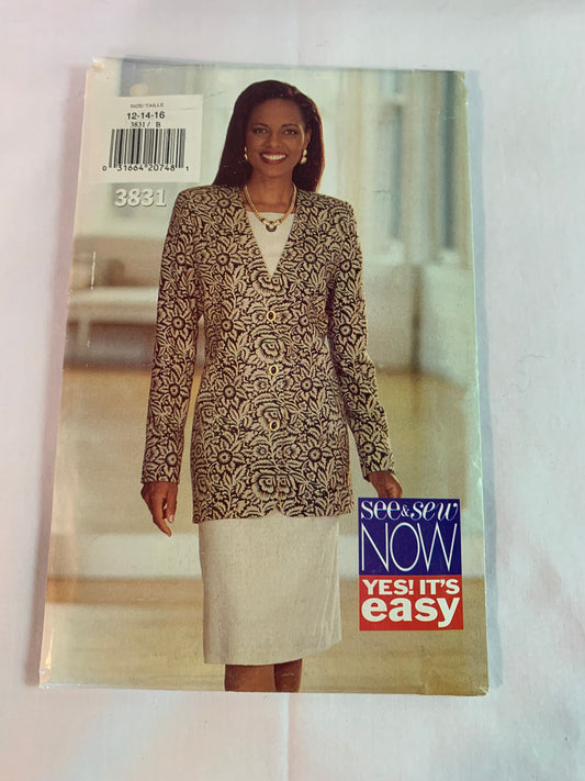 Butterick Sewing Pattern See & Sew 3831 Misses' Dress, Jacket, Loose-Fitting, Shoulder Pads, Long/Short Sleeves, Tapered, Zipper Back, Size 12-16, Uncut, Vintage 1994