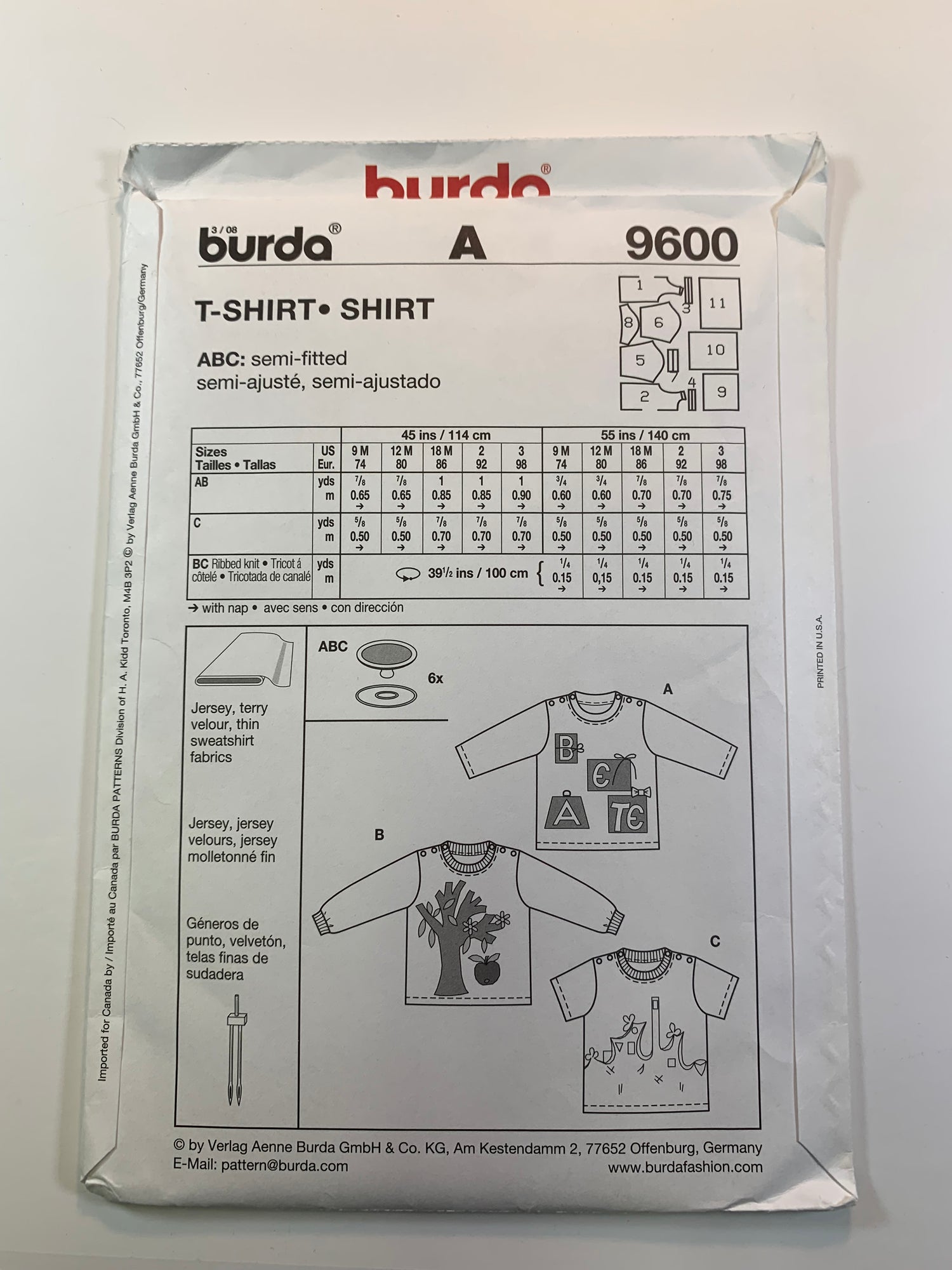 Burda Sewing Pattern 9600 Girls' T-Shirt, Long/Short Sleeves, Button Shoulder, 3 Variations, Size 9M-3, Uncut, 2012