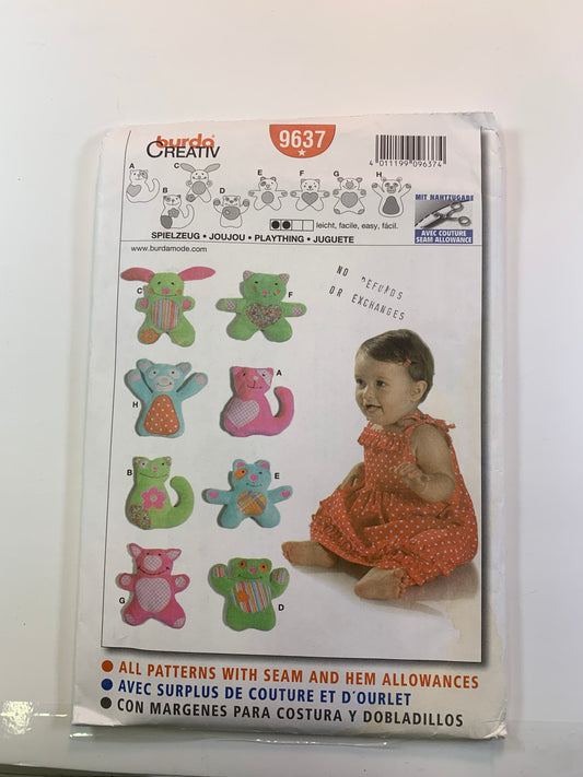 Burda Sewing Pattern 9637 Infant's Baby Stuffed Animals, Cat, Bunny, Bear, Pig, Frog, Dog, Cut, 2018