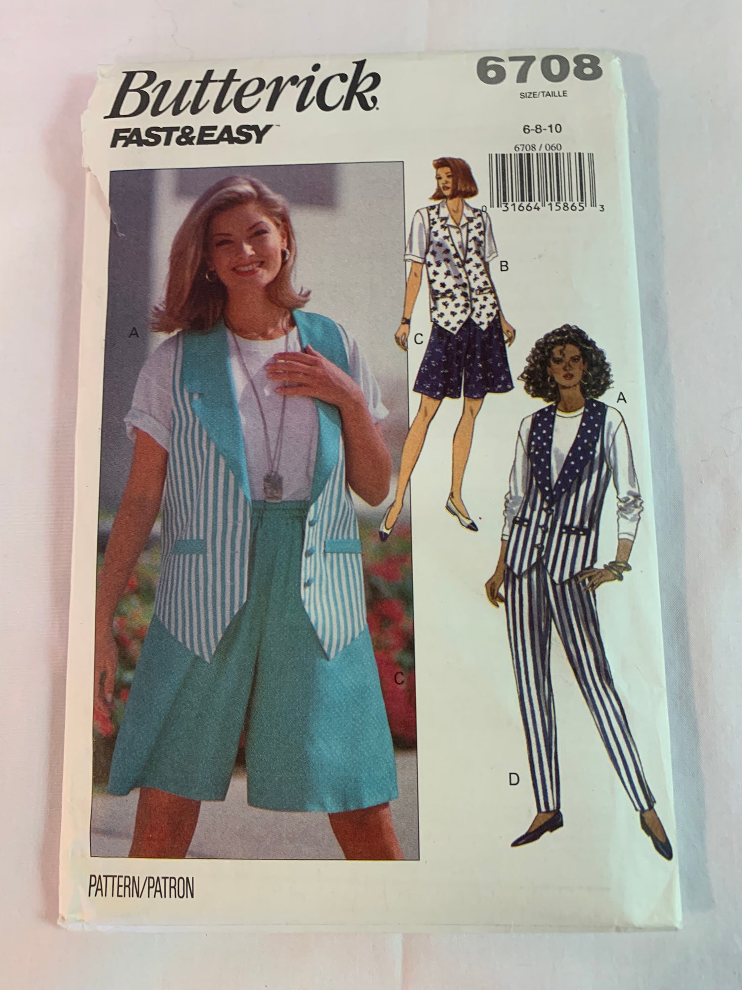 Butterick Sewing Pattern 6708 Misses' Vest, Top, Shorts, Pants, Loose-Fitting, Lined, Tapered, Elastic Waist, Size 6-10, Cut, Vintage 1993