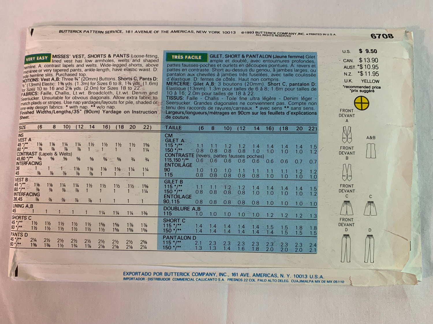 Butterick Sewing Pattern 6708 Misses' Vest, Top, Shorts, Pants, Loose-Fitting, Lined, Tapered, Elastic Waist, Size 6-10, Cut, Vintage 1993