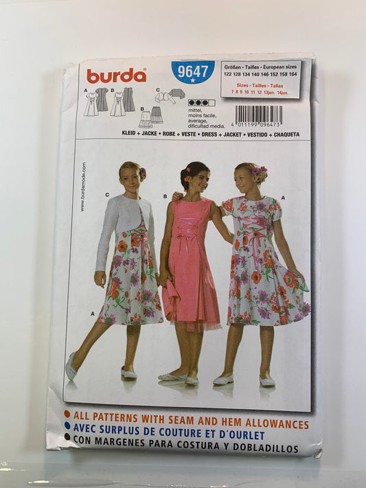 Burda Sewing Pattern 9647 Girls' Dress, Jacket, Skirt, Sleeveless, Long/Short Sleeves, Fitted, Zippr Back, Size 7-14, Uncut, 2012
