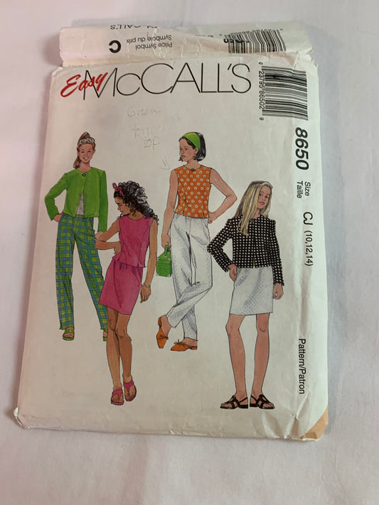 McCall's Sewing Pattern 8950 Girls' Unlined Jacket, Top, Pants, Skirt, Boxy Jacket, Button Front, Princess Seams, Size 10-12, Cut, Vintage 1997