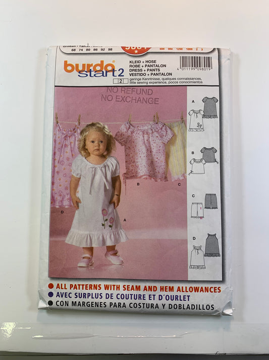 Burda Sewing Pattern 9801 Infant's Baby Girls' Dress, Top, Pants,Ruffles, Short Sleeves, Elastic Waist, Size 6mths-3, Cut, 2016