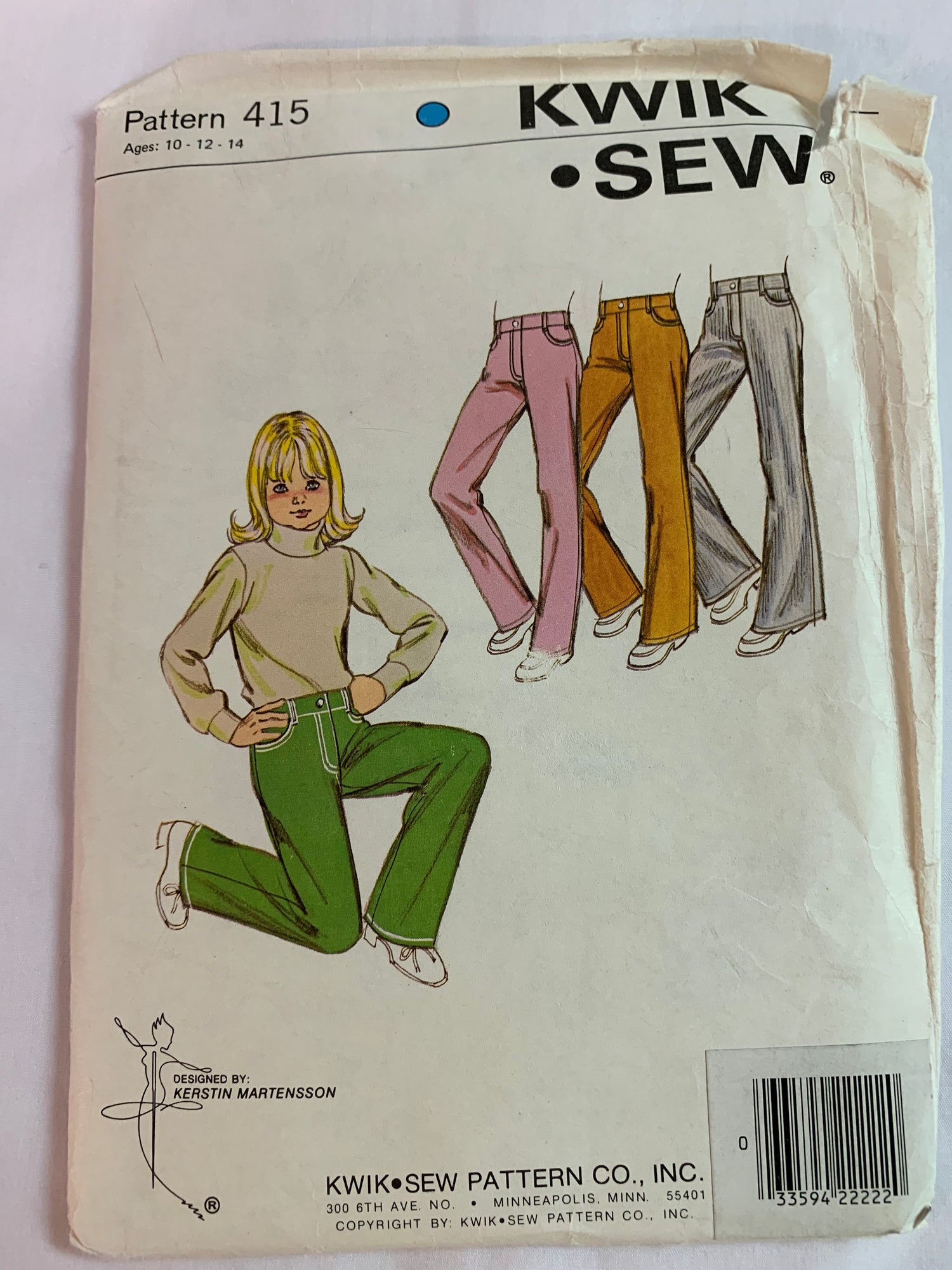 KWIK Sewing Pattern 415 Girls' Jeans, Pockets, Zipper Front, Belt Loops, 3 Leg Variations, Size 10-14, Uncut, Vintage 1998