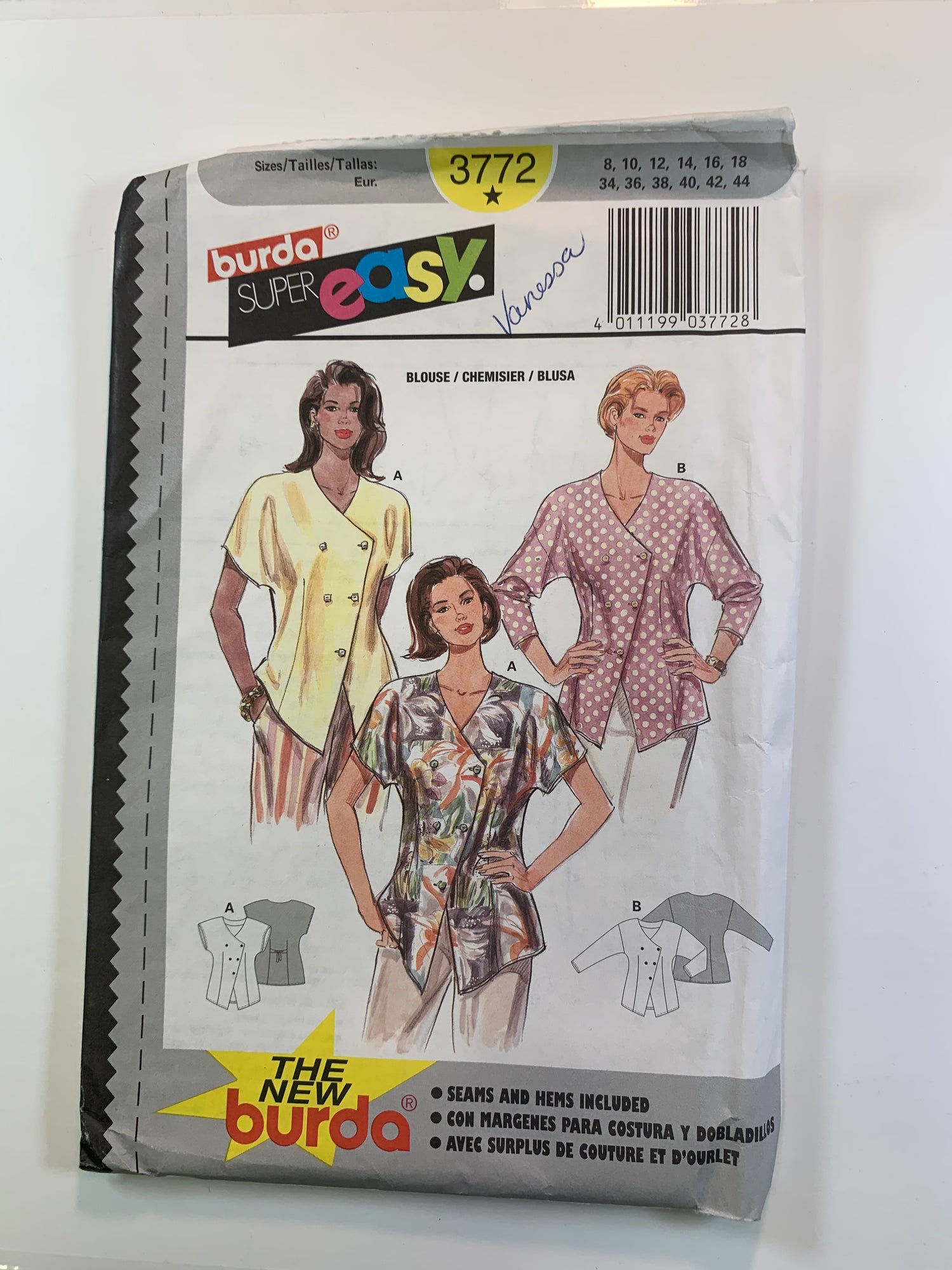 Burda Sewing Pattern 3772 Misses' Blouse, Double Breasted, Button Front, Long/Short Sleeves, Loose-Fitting, Size 8-18, Uncut, 2001