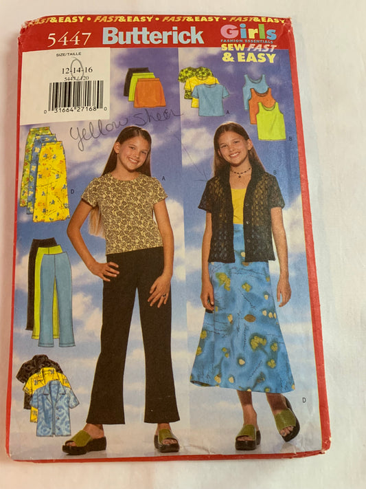 Butterick Sewing Pattern 5447 Girls' Shirt, Top, Skirt, Pants, Loose-Fitting, Short Sleeves, Elastic Waist, Sleeveless, Pullover, Pockets, Size 12-14, Cut, Vintage 1988