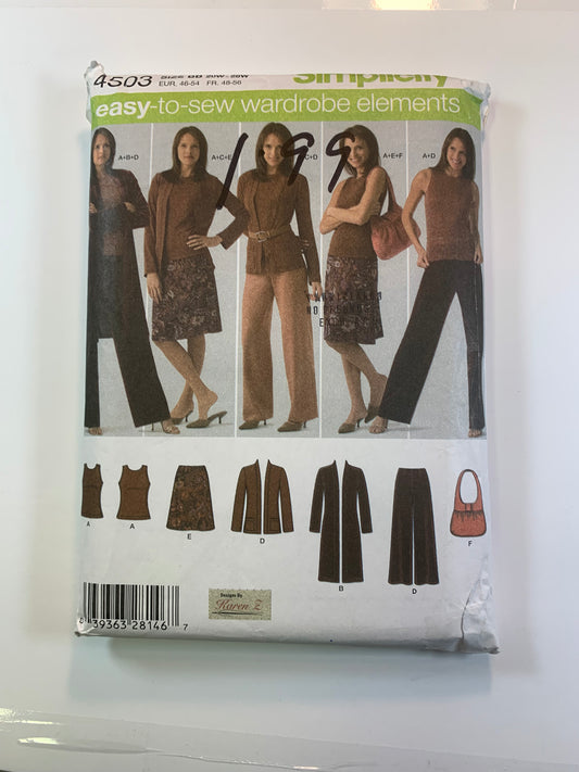 Simplicity 4503 Misses'/Misses' Petites Pants, Skirt, Bag, Knit Cardigan, Top, Size 20W-22W, Cut, 2005