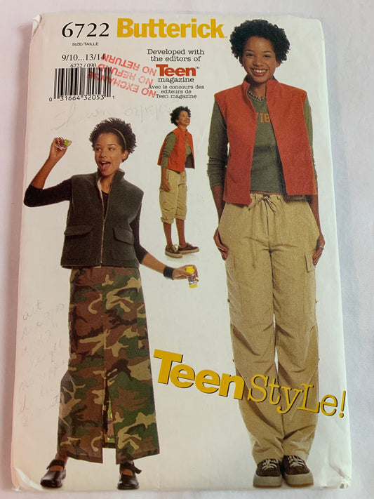 Butterick Sewing Pattern 6722 Misses'/Juniors Skirt, Vest, Pants, Loose-Fitting, Reversible, Zipper Front, Tapered, Zipper Fly, Size 9-14, Cut, 2000
