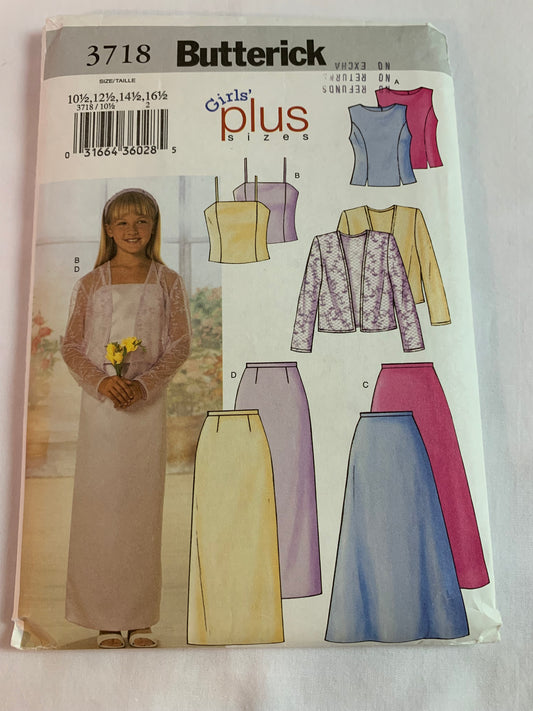 Butterick Sewing Pattern 3718 Girls' Plus Formal Wear, Camisole, Top, Skirt, Jacket, Size 10 1/2-16 1/2, Cut, 2002