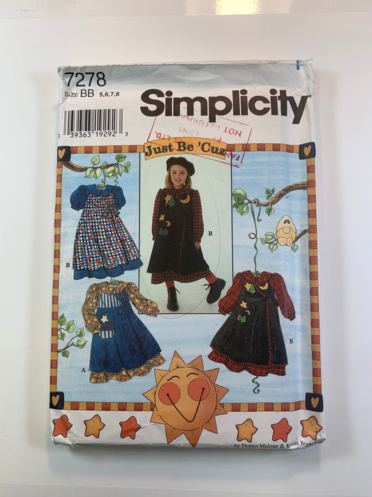 Simplicity Sewing Pattern 7278 Child's Dress, Pinafore, Long/Short Sleeves, Sleeveless, Gathered Waist, Collar, Zipper Back, Size 5-8, Uncut, Vintage 1996