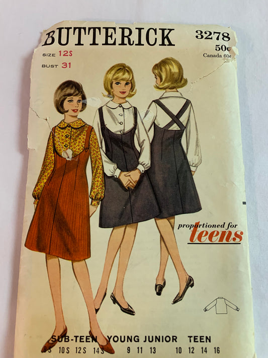 Butterick Sewing Pattern 3278 Girls' Jumper, Blouse, A-Line, Scooped Neckline, Straps, Button Front, Peter Pan Collar, Size 12, Cut, Vintage 1960