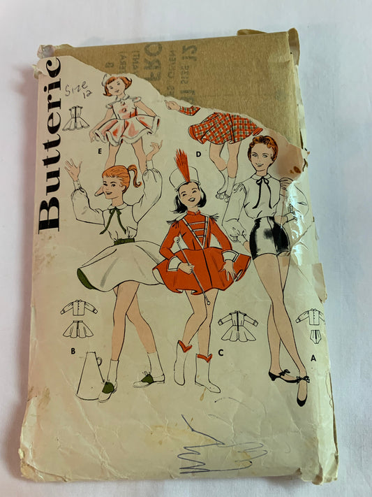Butterick Sewing Pattern 8381 Girls'/Teens' Costumes, Top, Skirt, Majorette, Dancer, Cheerleader, Skating, Snow Queen, Hat, Collar, Tights, Size 12, Cut, Vintage 1950