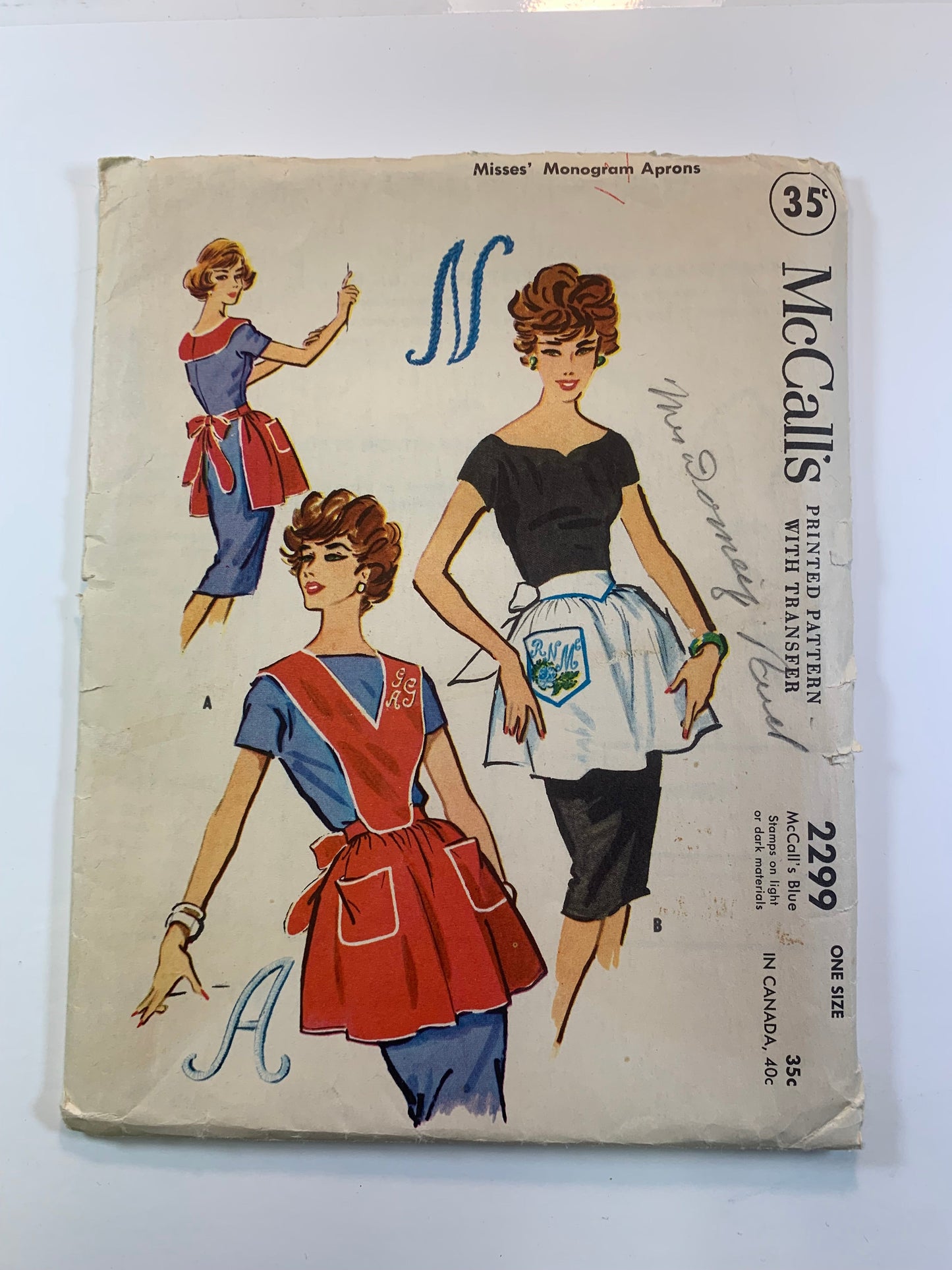 McCall's Sewing Pattern 2299 Misses' Full Monogram Aprons, Bib, Half Apron, Tie Back, One Size, Cut, Vintage 1958