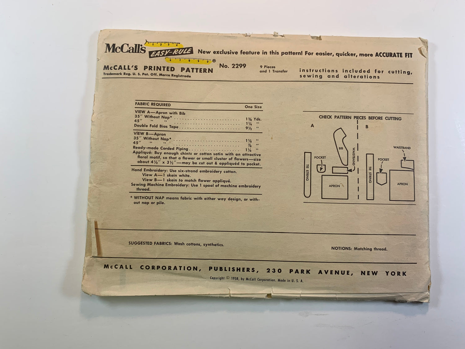 McCall's Sewing Pattern 2299 Misses' Full Monogram Aprons, Bib, Half Apron, Tie Back, One Size, Cut, Vintage 1958