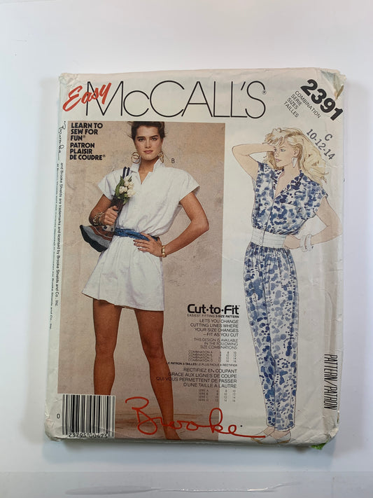 McCall's Sewing Pattern 2391 Misses' Jumpsuit, Sleeveless, Pockets, Two Lengths, Shoulder Pads, Size 10-14, Uncut, Vintage 1986