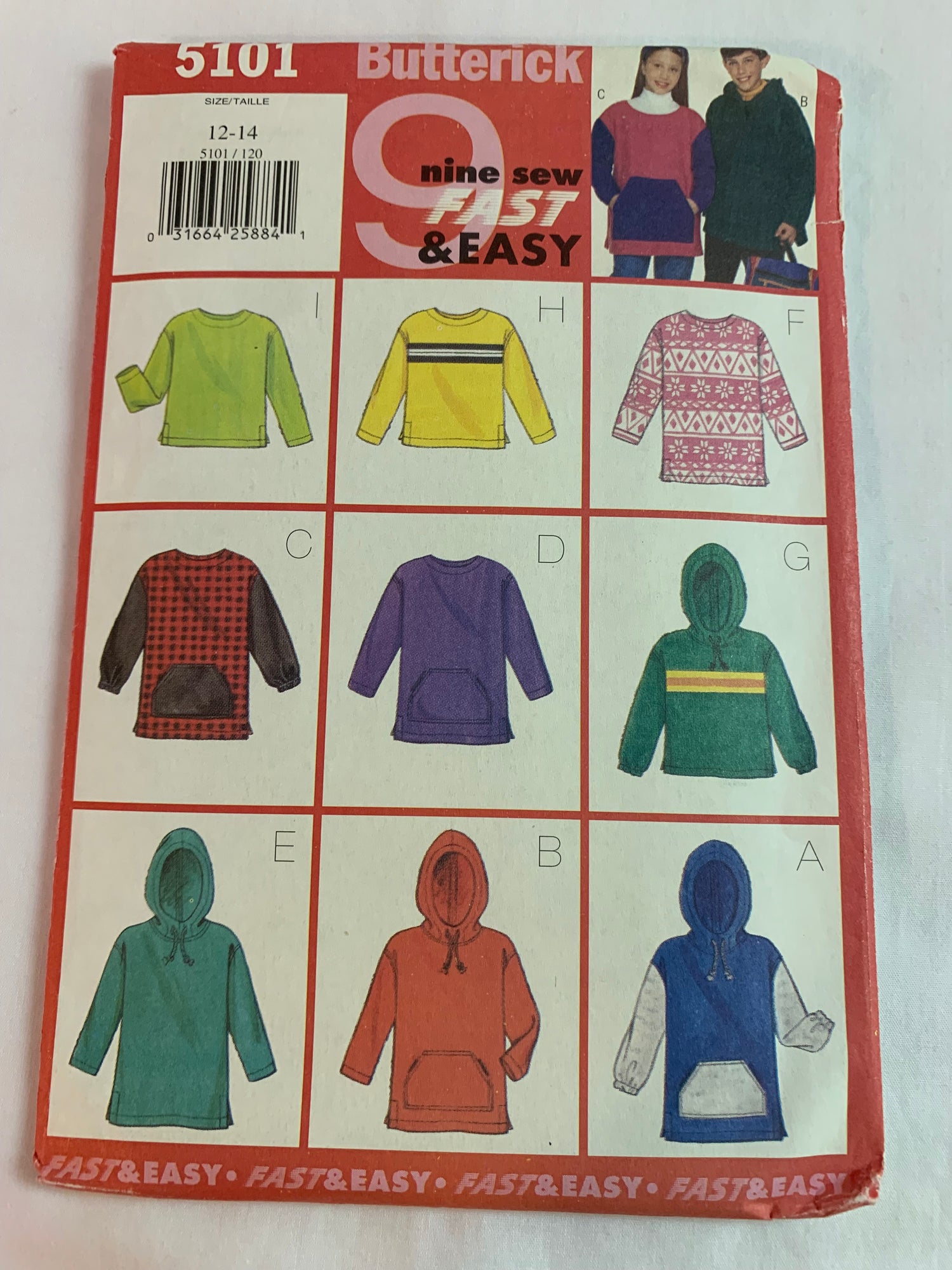 Butterick Sewing Pattern 5101 Girls'/Boys' Top, Loose-Fitting, Pullover, Long Sleeves, Hood, Drawstring, Pocket, Size 12-14, Cut, Vintage 1997