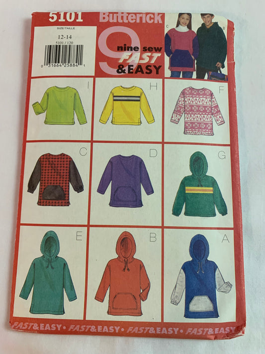 Butterick Sewing Pattern 5101 Girls'/Boys' Top, Loose-Fitting, Pullover, Long Sleeves, Hood, Drawstring, Pocket, Size 12-14, Cut, Vintage 1997