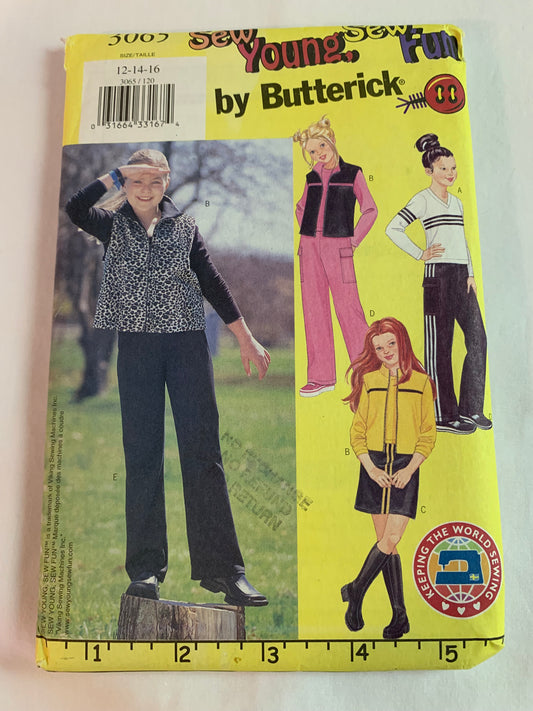 Butterick Sewing Pattern 3065 Girls' Reversible Vest, Top, Skirt, Pants, Loose-Fitting, Collar, Pullover, Pockets, Long Sleeves, Size 12-16, Cut, 2001
