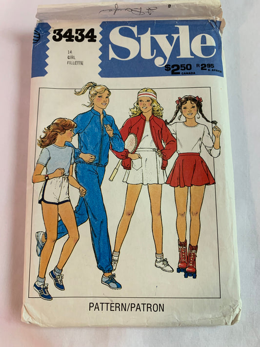 Style Sewing Pattern 3434 Girls' Unlined Jacket, Trousers, Shorts, Tennis Skirt, Front Wrap, Skating, Zipper Front, Long Raglan Sleeves, Size 14, Uncut, Vintage 1981